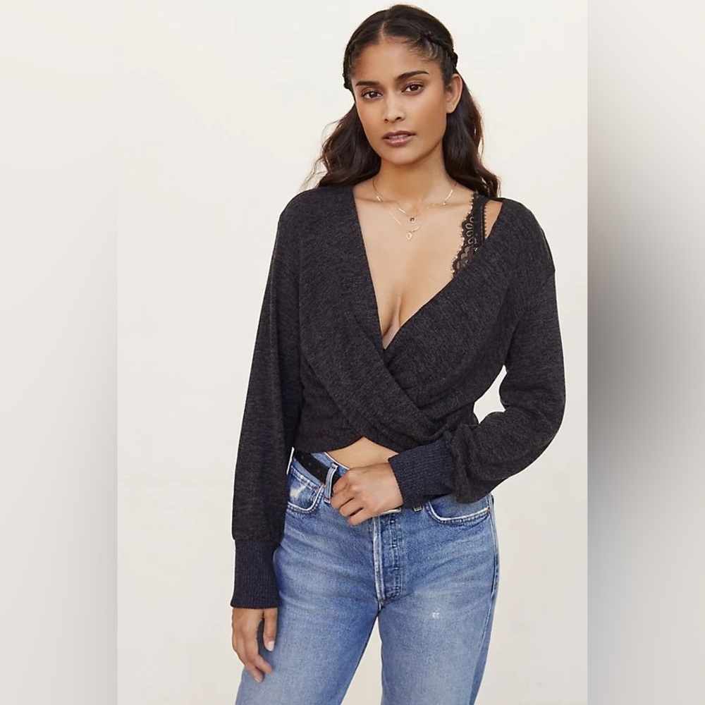 Anthropologie Twist Front Crop V-Neck Knit Sweater - Dark Grey - Picture 1 of 8